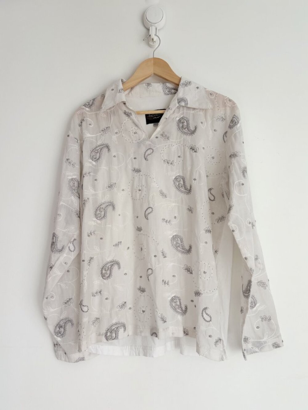 Vintage Bohemian Ivory Paisley Embroidered Beaded Collared Blouse L